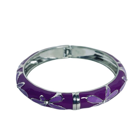 Two Tone Purple Flower Silver Tone Hinged Bracelet & Matching Earrings Set (5586 - Picture 3 of 7